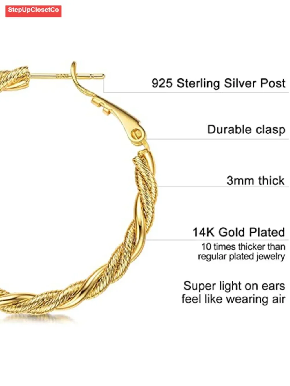 18K Gold Plated Twisted Rope Hoop Earrings for Women Hypoallergenic Sterling
